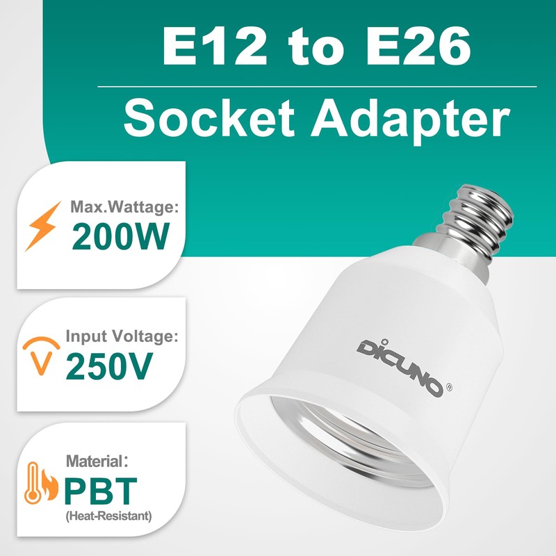 DiCUNO E12 to E26 Socket Adapter, Candelabra E12 to Medium