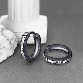 Unisex Creole Earrings Sterling Silver 925 Men's Hoop Earrings Viking Rune Earrings Folding Hoop Earrings Black Small Earrings for Women Men, Sterling Silver, No Gemstone