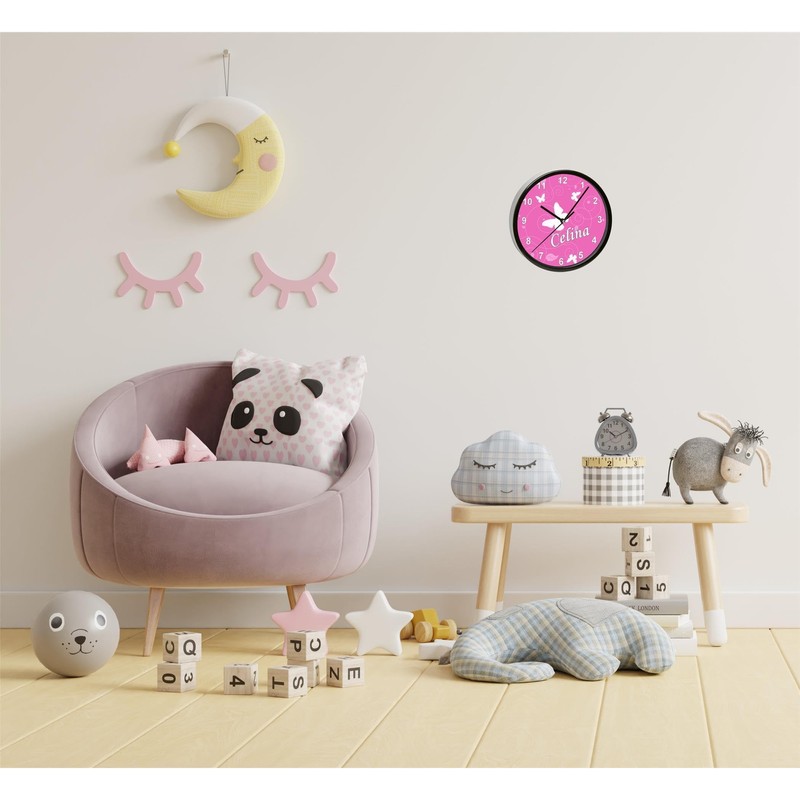 CreaDesign, WU-01-1032-02 Butterfly Pink Wall Clock for Children's Room, Customisable