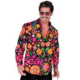 W WIDMANN MILANO Party Fashion - Party Fashion Shirt, Hippie Pattern, Neon Men's Shirt, Flower Power, Peace, Showmen
