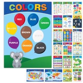 20 Large Educational Posters For Kids Toddlers (16.5x12 Double Sided English/Spanish) Alphabet Colors Letters Numbers Shapes Months Days Weather Time Animals Solar System Seasons Map