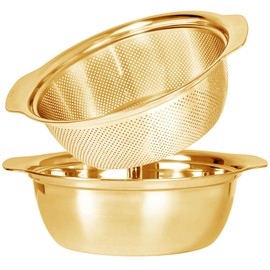 304 Stainless Steel Microporous Colander with Handle, Rice Washers Microporous Strainer Set For washing vegetables, fruits and rice, and draining cooked pasta(3.5QT with handle-Gold)