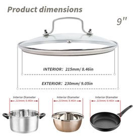 9" Tempered Glass Pan Lid with Steam Vent, Thickened to 4mm and Dishwasher Safe and Oven up to 480℉, Universal Lid Fit for Cast Iron Skillets, Frying Saute Pan, Cooking Pot