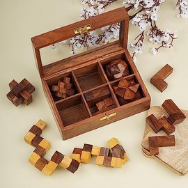 Ajuny Wooden Puzzle Box Set 6 Brain Teaser Games for Teens Adults 3D IQ Toy | Handcrafted Interlocking Challenges Rustic Tabletop Activity Family Part