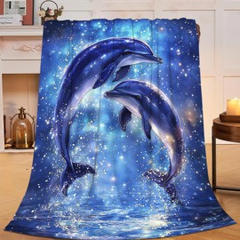 Manta de delfín azul con delfín, suave, acogedora, cálida, mullida, de forro polar, ligera, de felpa, con animales del océano, decoración de regalos para hombre, mujer, niño, niña, sofá, ropa de cama