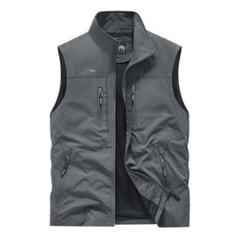 ROAMUNCH Men's Outdoor Utility Vest, Navy Blue, Multiple Zippered Pockets, Stand Collar (US, Alpha, Medium, Regular, Regular, Grey)