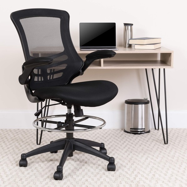 Flash Furniture Kelista Mid-Back Black Mesh Ergonomic Drafting Chair with Adjustable Foot Ring and Flip-Up Arms