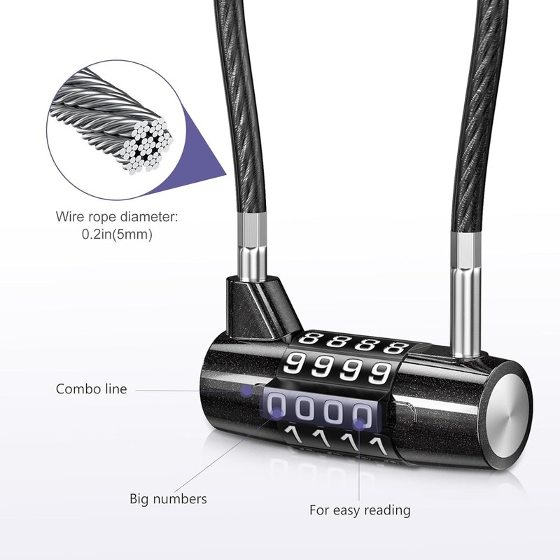4 Digit Combination Padlock, 6.9 Inch Long Shackle Cable Lock