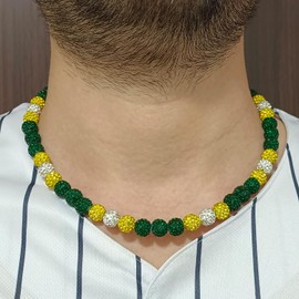 NUSTTAL Baseball Necklace for Men Boys 18 Inch Baseball Bead Necklace with Drip Design Chain Accessories Rhinestone Bling Sports Jewelry Gift for Baseball Players Team Lovers-Dark Green/Yellow/White