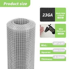 16'' x 10' 1/4 in Galvanized Wire Mesh Roll Chicken Wire Fence Roll for Chicken Pen/coop Fences, Screen mesh, Rabbit/Snake Fences, Poultry enclosures, Handicraft Making, etc. (23GA/0.5mm)