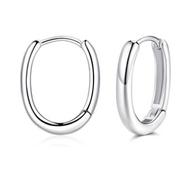 Cangall Silver Hoop Earrings for Women, 925 Sterling Silver Oval Hoop Earrings, Minimalist Oval Hoop Earrings U-Shaped Geometric Huggie Earrings, Simple Sleeper Cartilage Silver Earrings for Girls