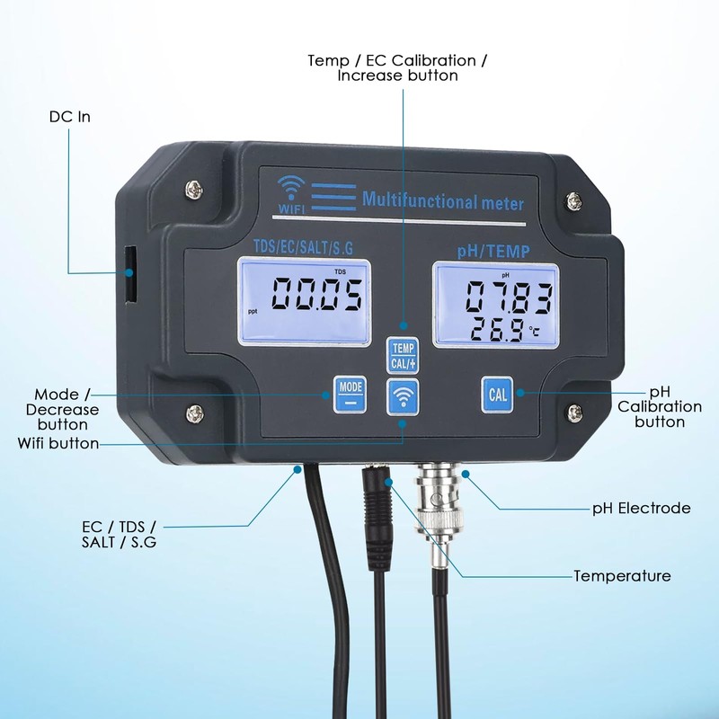 6 in 1 Smart Water Quality Tester, WiFi pH Meter