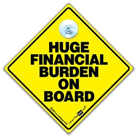 Hugh Financial Burden on Board Car Sign, Baby On Board Sign with Suction Cup in Yellow and Black, Joke Car Sign