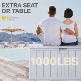 DWVO 150 Gallon Resin Outdoor Storage Box, XXL Double-Wall Waterproof Deck Box, Doubles as Table or Seating with 1000 lbs Capacity, Lockable (Grayish-White)