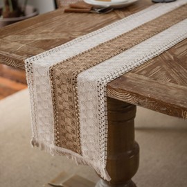 Boho Woven Macrame Table Runner Cotton Linen with Tassels,Modern Vintage Washable Table Cloth Table Decoration Dining Table Decoration for Home Kitchen Rustic Boho Wedding Decoration,30 x 120 cm Beige