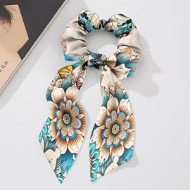 Qehuruxo Boho Flower Hair Scarf Scrunchies Set of 2 Satin Hair Bows Hair Clip Hair Ribbon Ponytail Holder Hair Decor Accessories Bow Hair Ties for Women Girls