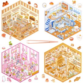 4 Sets DIY 3D House Scene Stickers, Sticker Therapy Store for Kids Adults to Relief Stress Pass The Time, Cute Cartoon House Stacking Scene Stickers, Make Your Own Stickers Cottage Store Restaurant