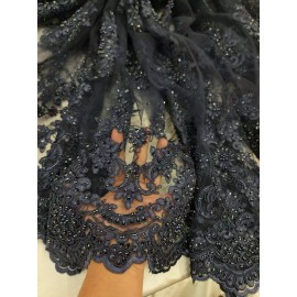 Unbranded Fabric By The Yard Navy Blue Beaded Lace Floral Flowers Embroidery Sequin Double