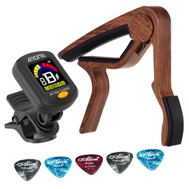 HEYSLAND Guitar Tuner Clip On Rechargeable Full Color Display Tuner Guitar Capo with Rosewood Finish Capo 5 PCS Celluloid Picks for Acoustic Electric Guitar Chromatic