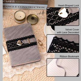 CAGIE Diary with Lock for Girls, Velvet Cover Girls Diary, A5 100 GSM Lock Journal for Writing with Heart Shaped Lock and Keys, Lock Journal Gift Ideas for Girls Women Teen, 224 Pages, Grey