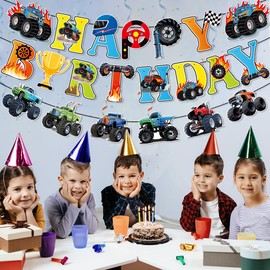 Monster Car Birthday Party Decorations Set Off-Road Happy Birthday Banner and 9pcs Car Themed Hanging Swirls Monster Themed Decor for Baby Shower Party Supplies（Fully Assembled）