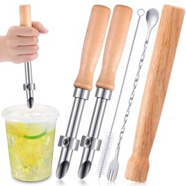 Lasnten 5 Pack Lemonade Stand Supplies Kit Straw Hole Punchers for Plastic Lids Stainless Steel Muddler Mixing Spoon Straw Cleaning Brushes for Lemonade Preparation Wood Handle Hole Punch Tool
