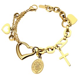Flonge Women's Virgin Mary Bracelet: Dainty Cross and Heart Pendant Bracelets Adjustable Charm Hollowed Out Link Chain Catholic Prayer Gift for Women Gold