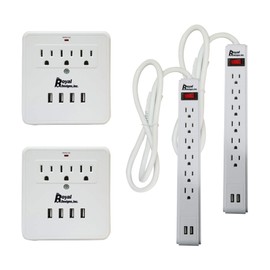 Royal Designs 6 Outlet Surge Protector 2 Power Strip and 2 Wall Mount with 4 USB Ports, 300 Joule, White, Set of 4
