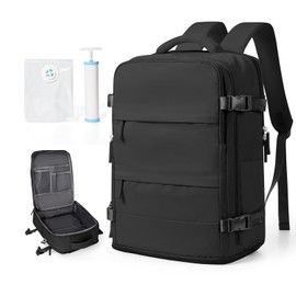 bergsalz Black Travel Backpack For Women Men Carry On Backpack With Vacuum Compression Seal Bags Personal Item Travel Bag Space Saver Vacuum Storage Bags With Manual Pump