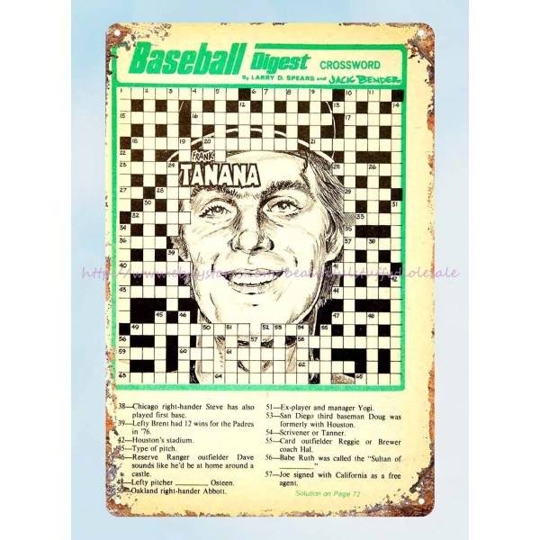 1977 Baseball Sports Memorabilia Crossword Puzzle Frank Tanana tin sign