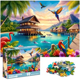 crowm Jigsaw Puzzle for Adults and Families 1000 Piece, Beach Landscape Scenic Puzzle for Game Nights Animal Birds Parrot Flamingos Dolphins Puzzle Sea Scenic Challenging Gift