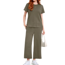 EYZH Womens 2 Piece Lounge Set - Summer Comfy Travel Outfits, Short Sleeve Wide Leg Vacation Sets Loungewear(Army Green,Small)