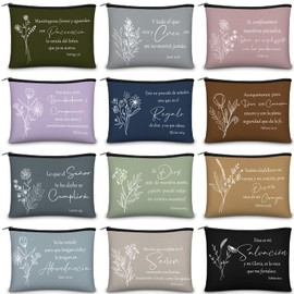 Kacctyen 12 Pcs Christian Mother's Day Gifts Makeup Bag Spanish Verses Inspirational Gift for Women Bible Verse Cosmetic Bag in Spanish Zipper Pouch for Mom Church Religious Prayer(Dark Morandi Style)