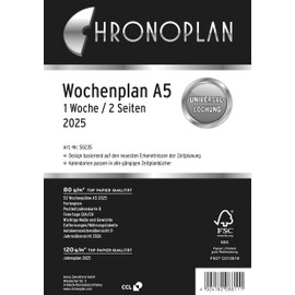 Chronoplan 50235 Calendar Insert 2025 (Weekly Plan A5 (148 x 210 mm) Replacement Calendar for Diary, Ideal for Detailed Weekly Planning, 1 Week on 2 Pages in Columns, with Universal Punching, White
