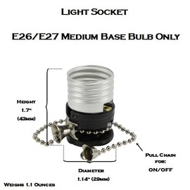 E26 Lamp Socket Replacement Pull Chain Switch, 6" Nickel Plated Chain (On/Off), E26/E27 Medium Base Interior, Repair Parts for Table, Floor Lamp, DIY Projects