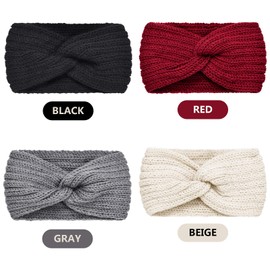TecUnite 4 Pieces Chunky Knit Headbands Braided Winter Headbands Ear Warmers Crochet Head Wraps for Women(Red, Black, Grey, Beige)