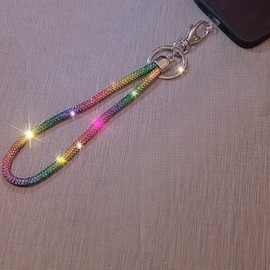Fashion Sparkle Glass Crystal Wristlet Lanyard,Exclusive Bling Keychain Holder,Rhinestone Cellphone Holder,Bonus Cellphone Safety Tab(1PC,Clear)