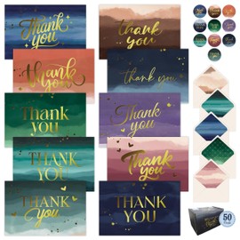 Decorably 50 Pack Gold-Foiled 6x4in Watercolor Thank You Cards with Envelopes and Stickers, 10 Vibrant Designs Folded Colorful Thank You Cards, Blank Inside - Birthday, Wedding, Bridal Shower