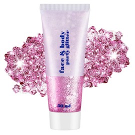 GL-Turelifes Body Glitter Gel, Mardi Gras Face Glitter Make-up, Sparkling Chunky Hair Glitter, Singer Concerts Festival Rave Accessories, Mermaid Glitter Face Paint (#03 Pink)