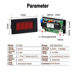 Digital Panel Meter, 0-±1999 Red LED Display Ampere Panel, ±0.5% F.S±2 digit High Accuracy Current Tester Monitor Panel Gauge (DC20A（75mV）)