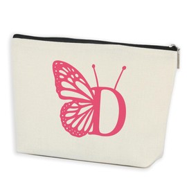 AOZHUO Initial Makeup Bags for Women Lined Monogram Cosmetic Bag Birthday Gifts for Women Girls Bridesmaid Best Friends Sisters, Travel Toiletry Bag, Pink Butterfly Letter D
