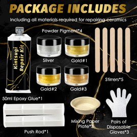 Kintsugi Repair Kit, Food Safe Gold & Silver Kintsugi Kit for Broken Ceramics, Glass, Jade and Sculptures, Japanese Art Craft with Gold Glue for Ceramics and Porcelain Repair Restoration
