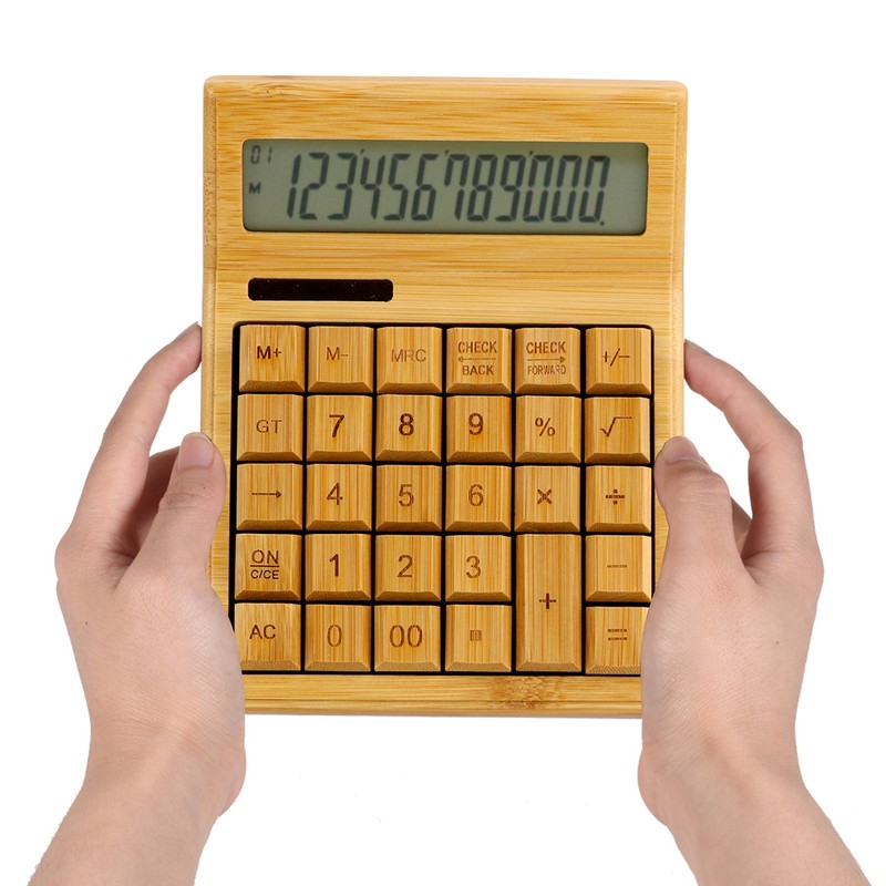 Multifunctional Bamboo Electronic Calculator Counter 12 Digits Solar & Battery