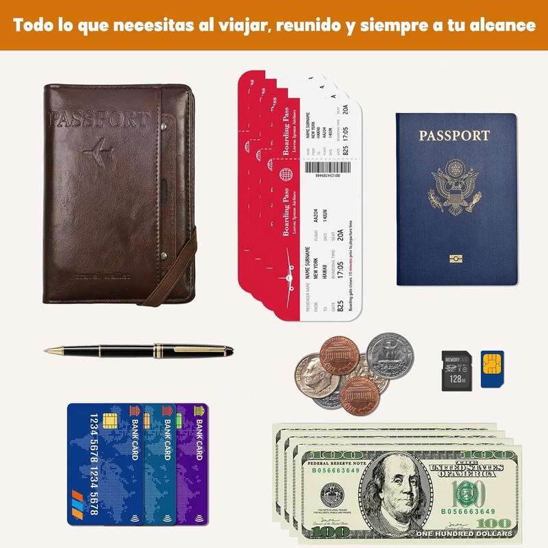 Porta Pasaporte Viaje,Cartera para Pasaporte RFID(Marrón cafe)