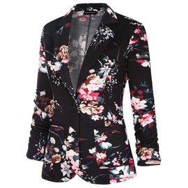 Unifizz Casual Blazer Two Buttons Front 3/4 Sleeve Notched Lapel Work Office Blazers Suit Pocket Jakcets Jacket Outwear #Floral-1,Size S#