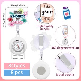 Fullhawl 8 Pcs Retractable Nurse Watch for Nurse Doctor Appreciation Gift Clip on Lapel Watch Brooch Decoration Badge Reel(Funny)