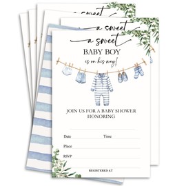 Vodbok 25 Sets Baby Shower Invitations,4x6 Double-Sided Baby Shower Invites For Boy,Greenery Invitation Cards With Envelopes,Baby Announcement,Gender Reveal Party Decorations & Supplies-A01