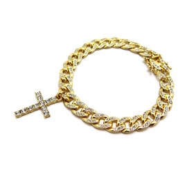CBC Crown Women Fashion Rhinestone Cross Charm 10 inches Box Lock Cuban Chain Anklet Ankle Bracelet (Gold - Cross)