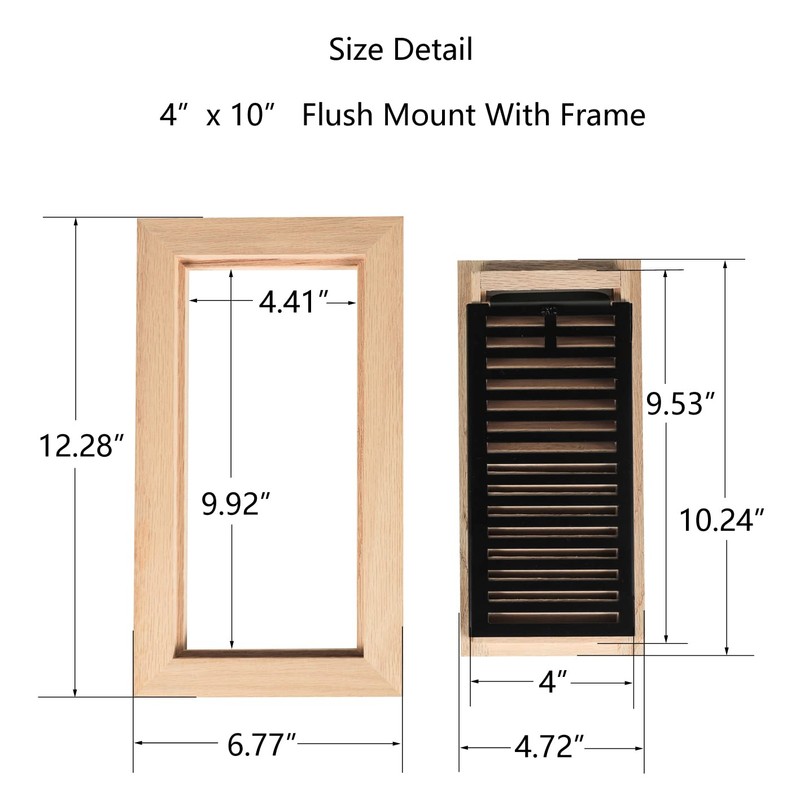 Hardwood White Oak Floor Register, Flush Mount with Frame, 4x10