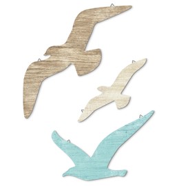 Putuo Decor 3pcs Seagull Wall Decor, Wooden Sea Bird Wall Hanging with Hooks, Ocean Home Decor Indoor Beach Art Decor for Bathroom Beach Room Decor Living Room Lake Decor for Home